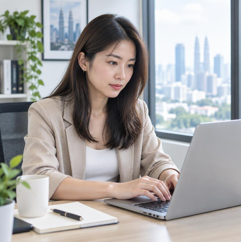 Malaysian Chinese woman working on a laptop in a bright office