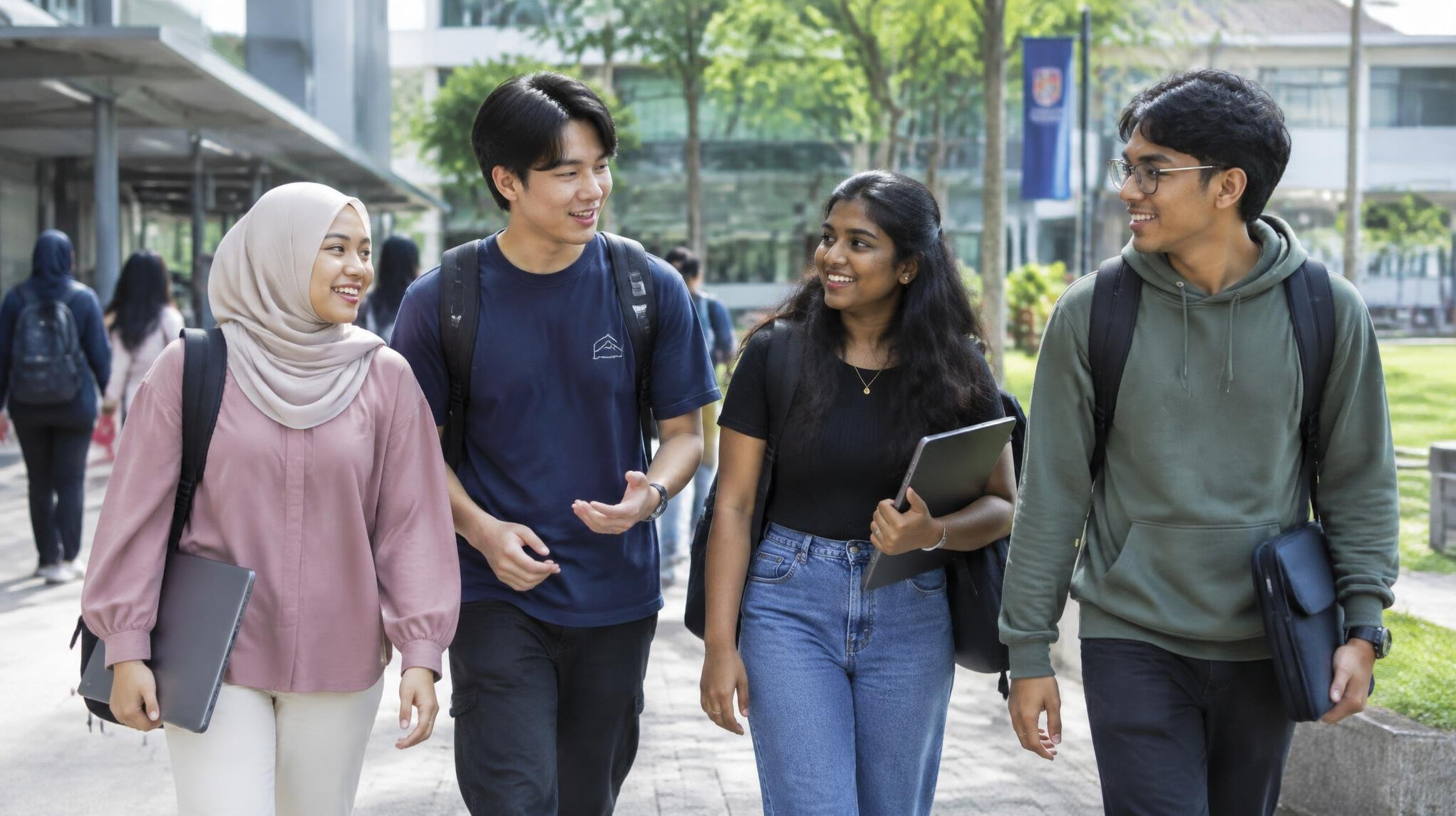 Diverse group of Malaysian students walking together outdoors on a campus