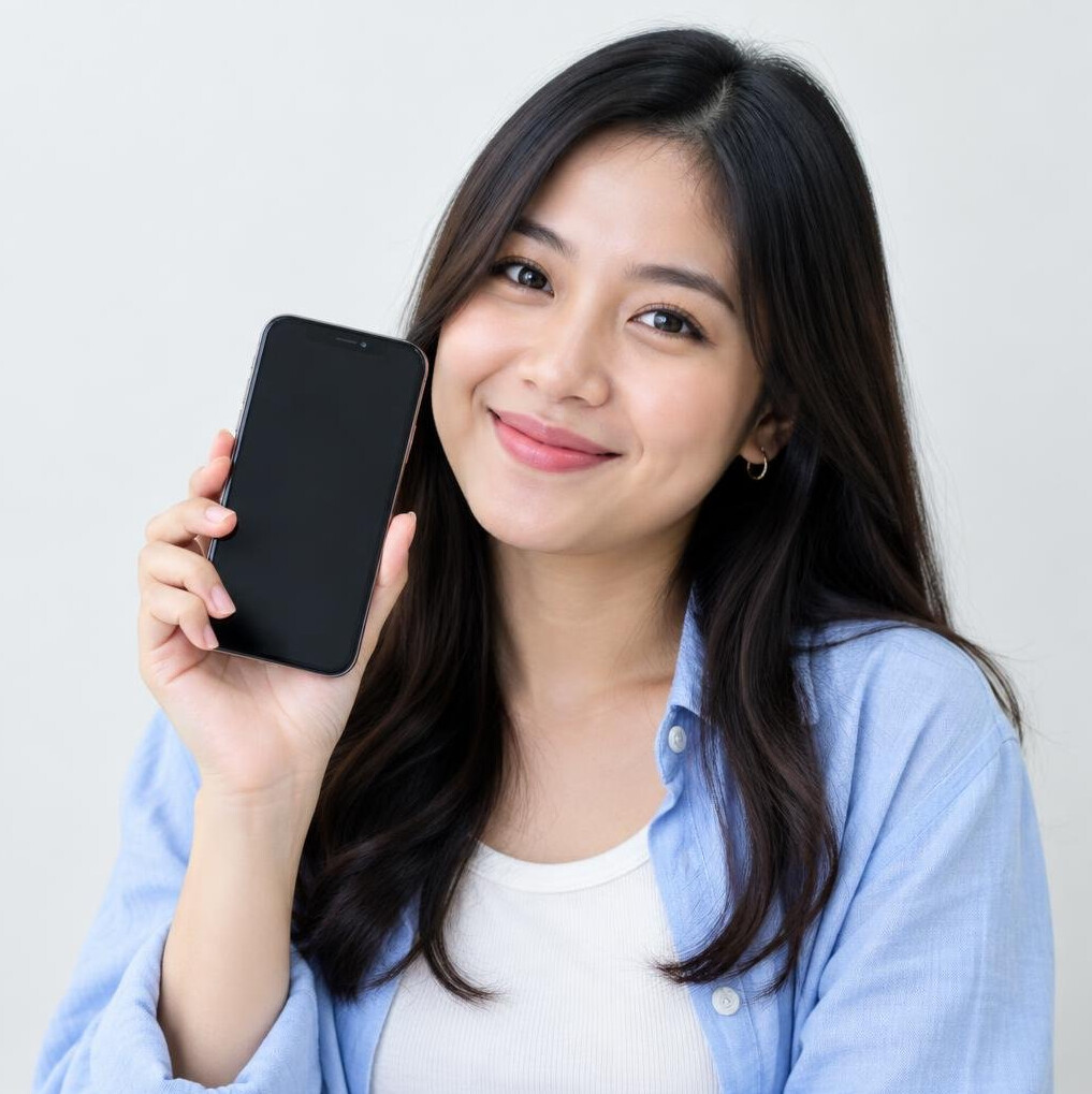 Malaysian woman holding a phone with a friendly expression