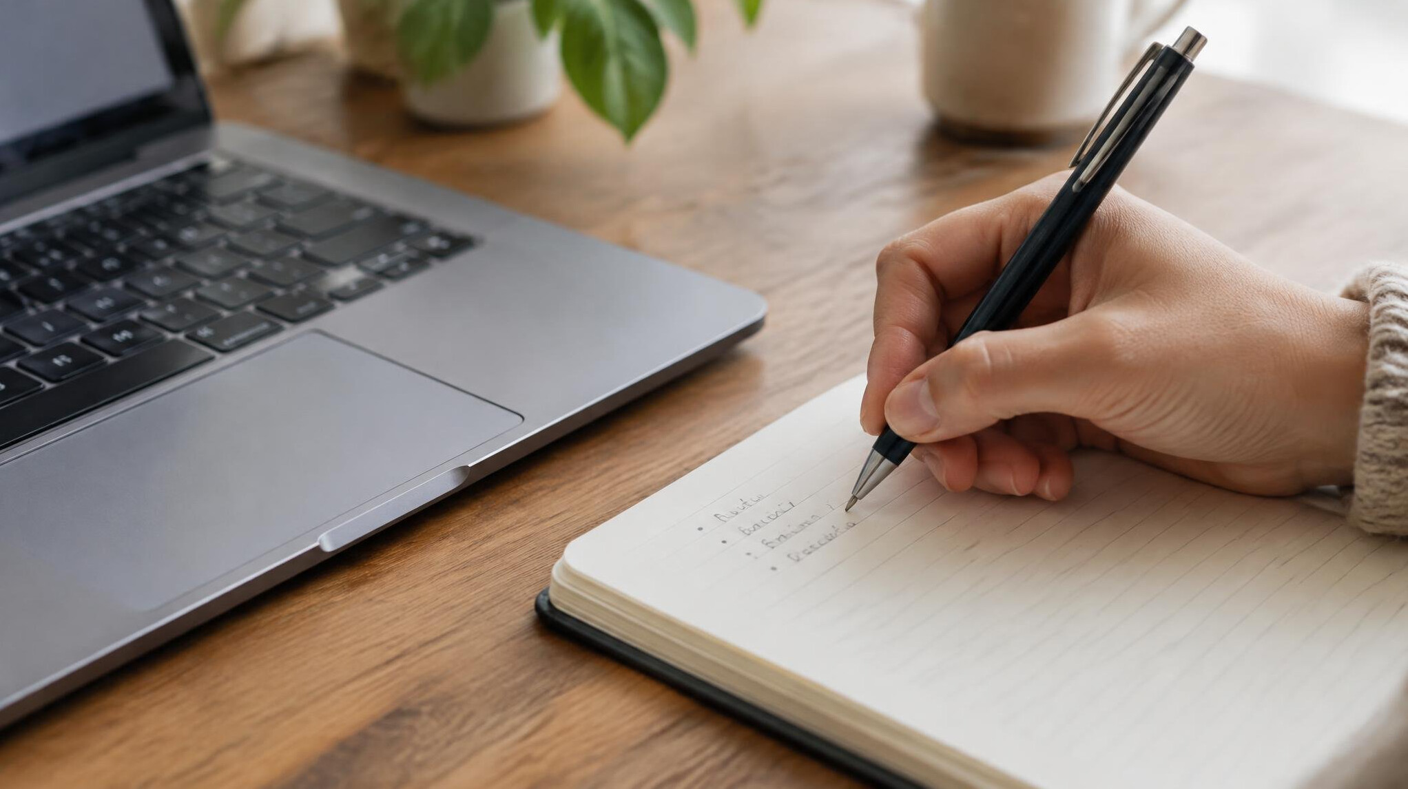 Close-up of a hand writing notes in a notebook beside a laptop keyboard